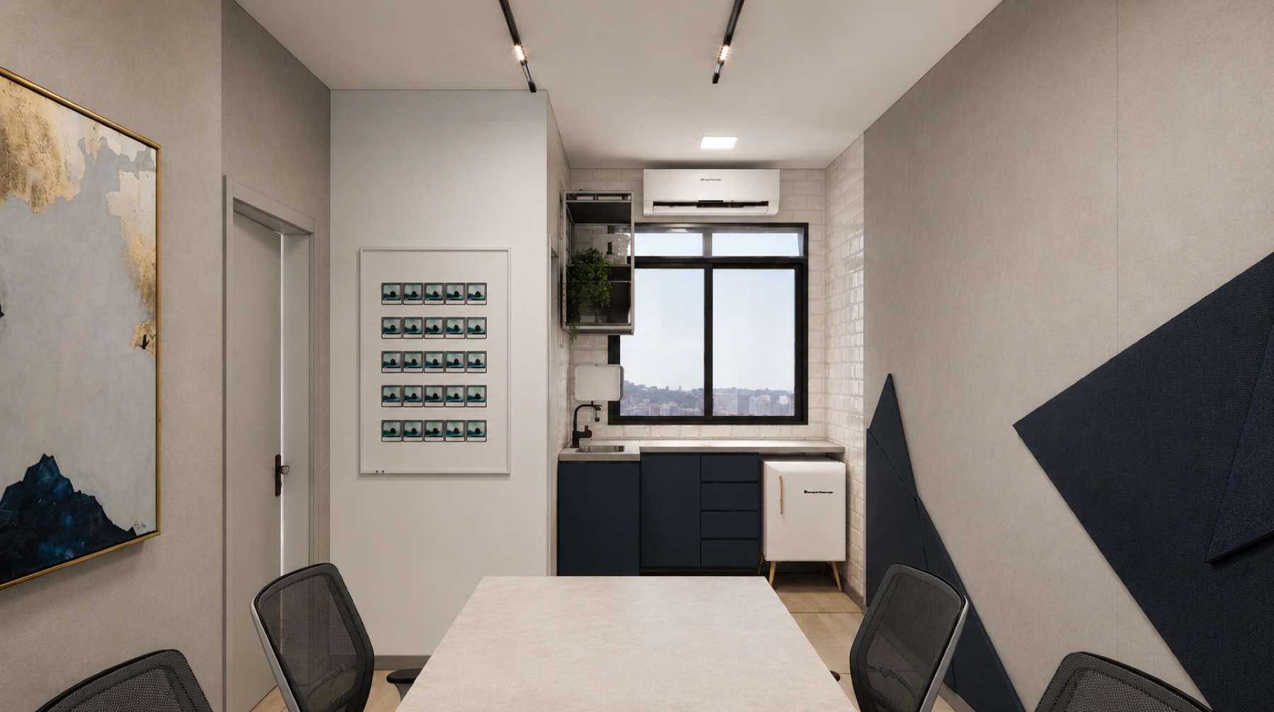 Sala de reunião com marcenaria e bancada de apoio