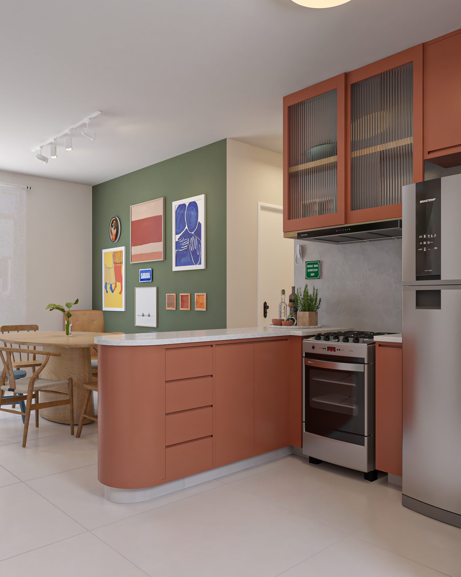 Cozinha compacta com marcenaria em tom terroso