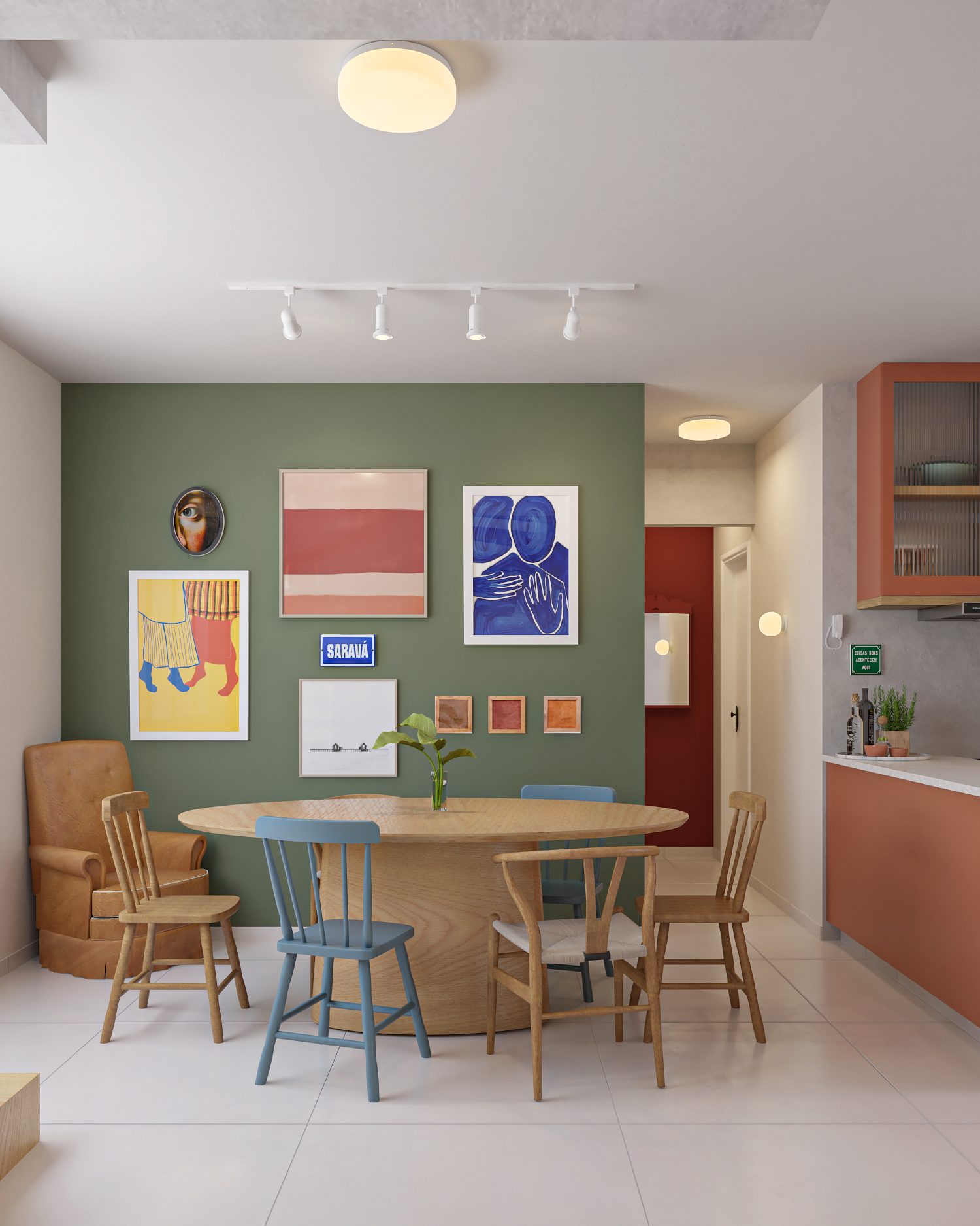 Jantar compacto com parede verde e marcenaria terracota
