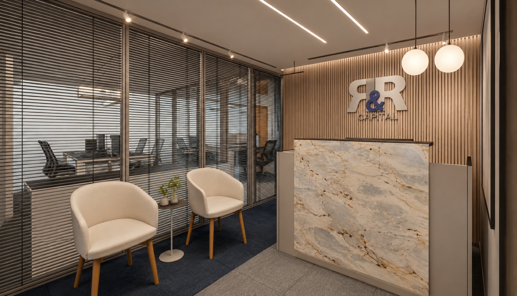 Recepção da RR Capital reformada pelo Estúdio Leme